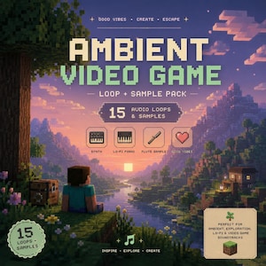 May include: A digital art piece promoting an "Ambient Video Game Loop + Sample Pack." The image features pixelated graphics of a landscape with text that reads "15 Audio Loops & Samples." Icons represent synth, lo-fi piano, and flute samples. The overall theme is for ambient music.