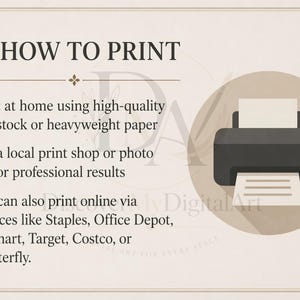 以下が含まれることがあります： 「HOW TO PRINT」のテキストとプリンターのアイコンが入ったベージュ色のグラフィック。自宅での印刷、地元の印刷店、StaplesやWalmartなどのオンラインサービスの使用方法が含まれています。