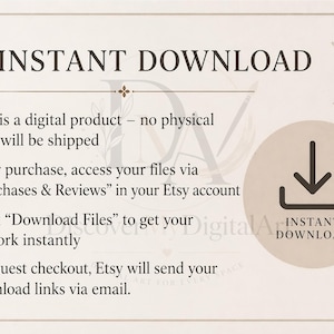 以下が含まれることがあります： 「INSTANT DOWNLOAD」の文字とダウンロードアイコンが入ったクリーム色のグラフィック。これはデジタル商品であり、物理的な商品は発送されず、購入後にファイルにアクセスする方法がテキストで説明されています。