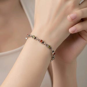 Sterling Silver Citrine, Peridot, and Orange Garnet Bracelet • Multi-Gemstone Station Line • New Old Stock
