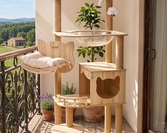 Moderne luxe krabpaal met transparante voerbak - Speeltoren met meerdere verdiepingen - Stijlvol kattenmeubel voor balkon en huis