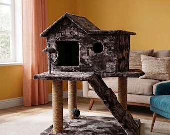 Large Modern Cat Tree with Condo, Ramp and Interactive Toys - Gray, Luxurious Indoor Cat Furniture and Play Center