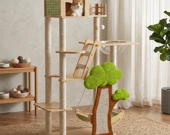 Casa moderna para gatos con rascador y hamaca acogedora: lujoso condominio de interior para gatos pequeños y medianos.