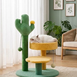 Cactus Cat Tree with Scratching Post and Perch Bed - Modern Pet Furniture for Indoor Cats - Aesthetic Multi-Level Cat Scratcher and Lounge