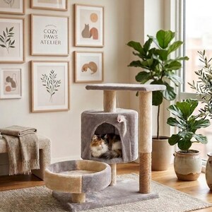 Cozy Modern Cat Tree with Condo, Gray and Beige Scratching Post, Aesthetic Pet Furniture, Unique Design Gift for Cat Lovers