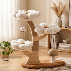 May include: A cat tree with a flower design. The tree has multiple platforms shaped like white flowers with brown centers. A small cloud-shaped toy hangs from the top. The base is brown, and a mushroom-shaped cat bed sits on a rug.
