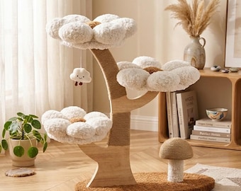 Bloemvormige krabpaal voor katten met paddenstoelvormige krabpaal en hangende wolk.