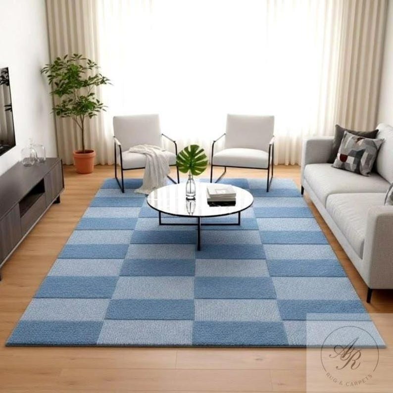 Modern Blue Checkered Area Rug | Minimalist Geometric Living Room ...