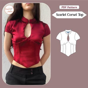 May include: A scarlet corset top with short sleeves, a high collar, and a teardrop-shaped cutout at the chest. The garment features a pointed hemline and vertical seam detailing. The image includes a technical line drawing and the text "PDF Pattern" and "Scarlet Corset Top".