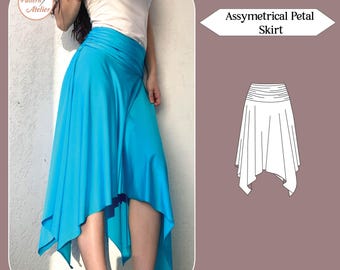 Naaipatroon voor een asymmetrische rok met bloemblaadjes | Rok met zakdoekzoom | A4, US Letter & A0 + naaianwijzingen