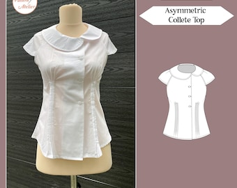 Patroon voor een asymmetrische top | Blouse met plooien | Peter Pan-kraag | Overhemd met knoopsluiting | A4, US Letter & A0 + naaianwijzingen