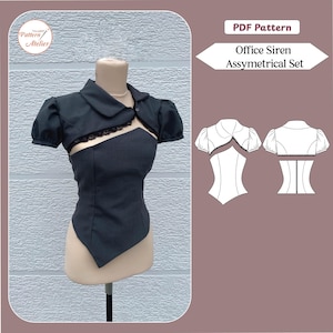 May include: A dark grey asymmetrical top and bolero set on a mannequin. The bolero features short, puffed sleeves and a collar. The top has a unique cut and design. The image also includes a PDF pattern with the text "Office Siren Assymetrical Set".