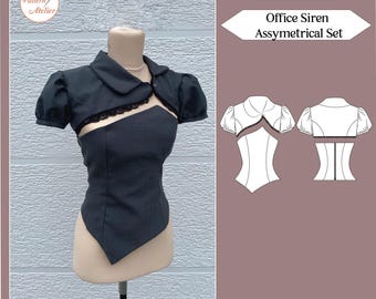 Assymetrisch boleropatroon kantoorsirene | Strapless bustier | Coquette schouderophalend | Gestructureerde top | A4, US Letter en A0 + naai-instructies