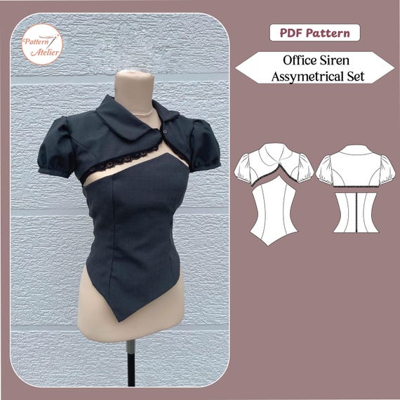 Office Siren Assymetrical Bolero Pattern | Strapless Bustier | Coquette Shrug | Structured Top | A4,US Letter & A0 + Sewing instructions