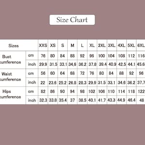 May include: A size chart with measurements in inches and centimeters. The chart includes bust, waist, and hips circumference measurements for sizes XXS to 7XL. The text "Size Chart" is at the top.