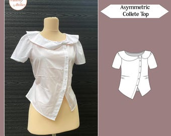Asymmetrisch Colette Top naaipatroon | Peter Pan kraag | Peter Pan kraag | A4, US Letter & A0 + naaianwijzingen
