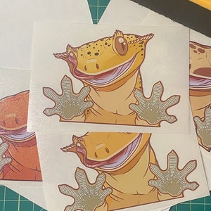 May include: Four sticker sheets featuring cartoon gecko illustrations. Each sheet has a different coloured gecko with a smiling face and a textured background.