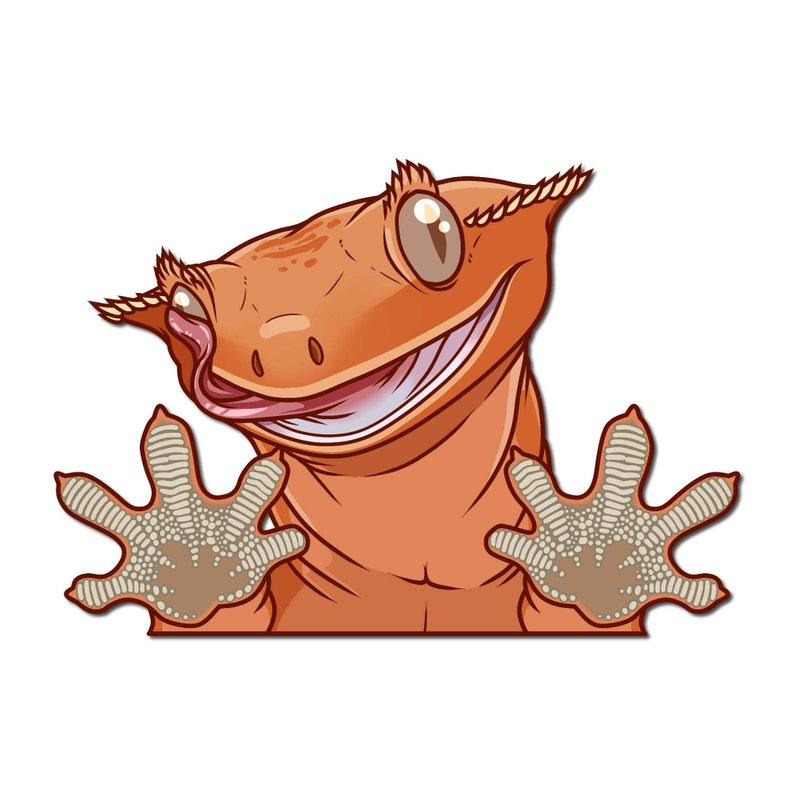 May include: A cartoon illustration of an orange gecko with a wide smile, peeking over a surface with its front paws outstretched. The gecko has large, round eyes and a long, pink tongue sticking out.