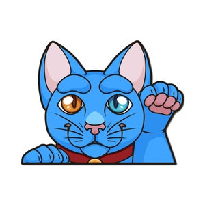 May include: A blue cat with one orange eye and one blue eye peeks over a surface with its paw raised. The cat is wearing a red collar.