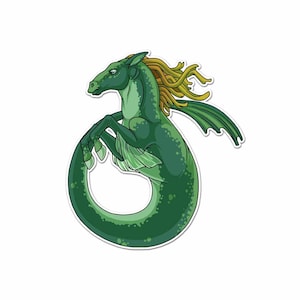 May include: A green and yellow seahorse with a long, flowing mane. The seahorse is curled into a circle, with its tail wrapped around its body.