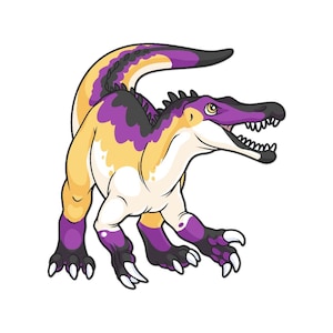 May include: A cartoon illustration of a purple, yellow, and black dinosaur with sharp teeth and claws. The dinosaur is standing on all fours and has a long tail.