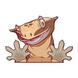 May include: A cartoon illustration of a brown and tan crested gecko with a wide open mouth and a pink tongue sticking out. The gecko has large, round eyes and is peeking over a surface with its front paws.
