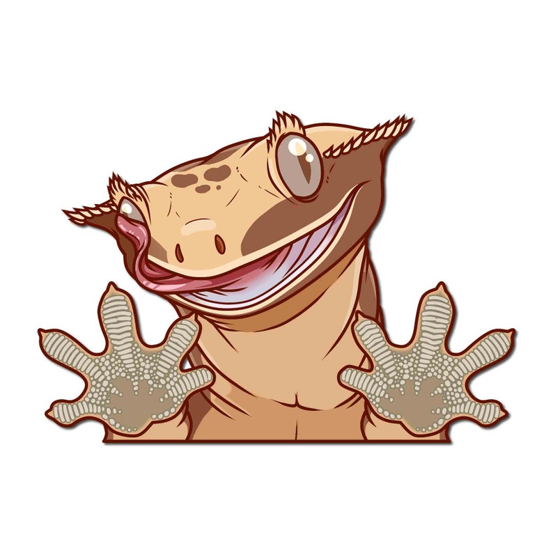 May include: A cartoon illustration of a brown and tan crested gecko with a wide open mouth and a pink tongue sticking out. The gecko has large, round eyes and is peeking over a surface with its front paws.