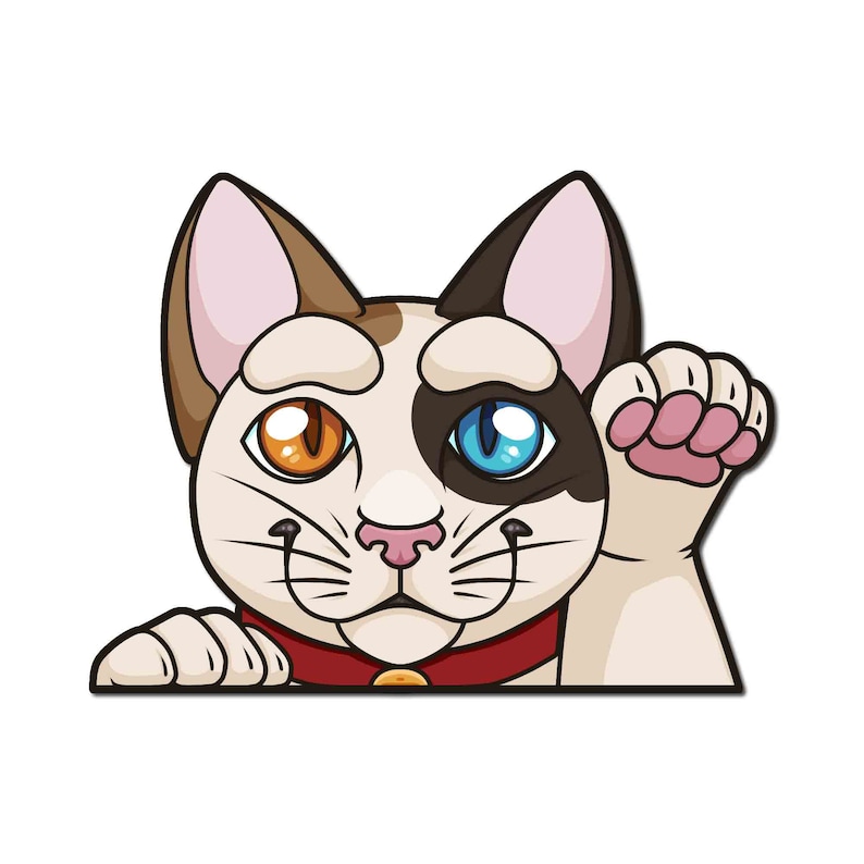 May include: A cartoon illustration of a white cat with brown and black markings. The cat has one blue eye and one orange eye. The cat is peeking over a surface with its paw raised.