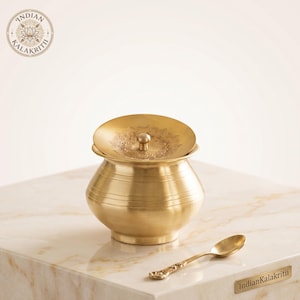 Pure Brass Ghee Pot 380ml with Spoon, Hand-Etched Ghee Dabba for Kitchen Storage