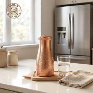 Op de afbeelding: Een koperen waterkan met een deksel, gegraveerd met een bloemmotief, staat op een houten dienblad. Een glas water en een gevouwen beige linnen servet liggen naast de kan. De kan staat in een keuken.