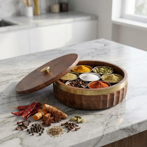Boîte masala en bois, bande dorée, organisateur d'épices, mallette de rangement en bois massif, récipients en acier, cuisine ronde, cuillère Dani incluse