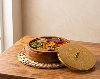 Acacia Wooden Masala Box Premium Spice Organizer Brass Lid Storage Container Indian Kitchen Dani 7 Jars Included