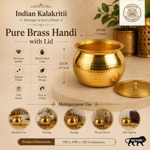 Pure Brass Handi with Lid, 1 Litre Pital Cooking Pot for Traditional Indian Kitchen