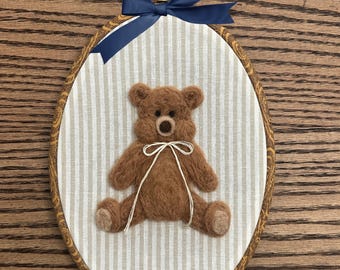 Needle Felted teddy bear nursery decor; Handmade Embroidery hoop art