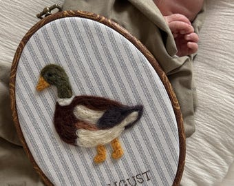 Needle Felted Mallard duck nursery decor; Handmade Embroidery hoop art