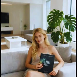 May include: A person holding a book titled "BOOK OF WISDOM" with a pentagram design on the cover. The book has a dark cover with a celestial background. The person is sitting on a gray sofa in a well-lit room with a large potted plant.
