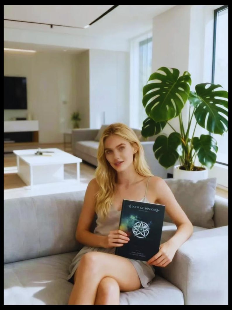May include: A person holding a book titled "BOOK OF WISDOM" with a pentagram design on the cover. The book has a dark cover with a celestial background. The person is sitting on a gray sofa in a well-lit room with a large potted plant.