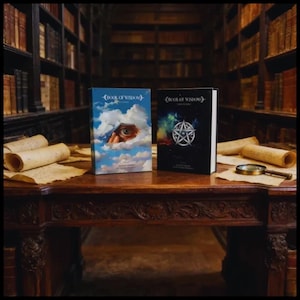May include: Two hardcover books titled "Book of Wisdom" sit on a dark wooden table. One book features an eye peering through clouds, the other a pentagram on a starry background. Scrolls and a magnifying glass are also on the table, in a library setting.