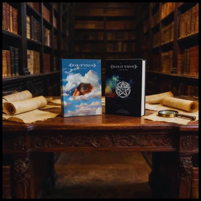 May include: Two hardcover books titled "Book of Wisdom" sit on a dark wooden table. One book features an eye peering through clouds, the other a pentagram on a starry background. Scrolls and a magnifying glass are also on the table, in a library setting.