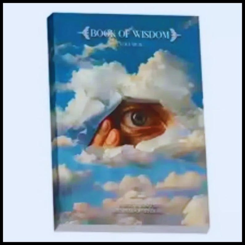 May include: A hardcover book titled "Book of Wisdom" with a surreal illustration. The cover features a blue sky with fluffy clouds, and an eye peeking through the clouds. The book's title is in white text.