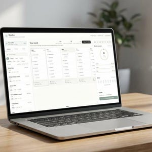 May include: A silver laptop displaying a project management dashboard with data tables and charts. The laptop is open on a light wood desk, with a plant and window in the background. The screen shows the word "Your work".