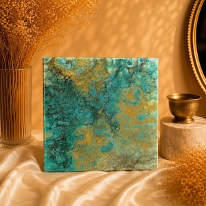 Mirelune – Original Acrylic Artwork 20 x 20 cm | Abstract Fluid Art in Turquoise & Gold | Elegant Unique Piece | Mixed Media II No. 9