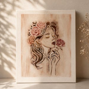 May include: A canvas art print featuring a woman with closed eyes, adorned with a rose crown and holding a rose. The artwork is in sepia tones, with a focus on the woman's profile and the delicate details of the roses.
