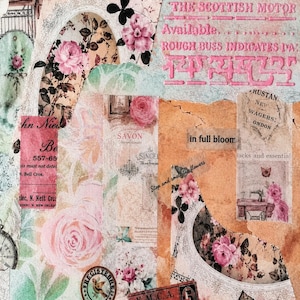 Könnte beinhalten: Eine Collage aus Papierstücken im Vintage-Stil, Illustrationen von rosa Rosen, Schmetterlingen und Texten wie Weekly Ticket, The Scottish Motor, Savon und Y.M.C.A. Cafeteria. Die Komposition enthält Abbildungen von Nähmaschinen, Uhren und Stempeln.