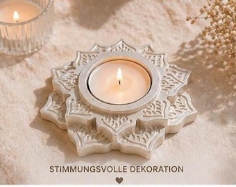 Portavelas Mandala de Loto | Portavelas | Decoración hecha a mano | Idea de regalo | Estilo bohemio | Meditación | Aspecto cerámico, acabado satinado mate, nácar
