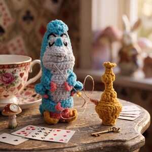May include: A blue and light gray crocheted caterpillar figure with pink accents, holding a thin wire connected to a yellow crocheted hookah-style bottle. The scene includes a floral teacup, a small mushroom clock, playing cards, and a metal key.