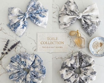 Conjunto de lazo y coletero Toile de Jouy, regalo a juego para madre e hija, accesorios para el cabello de mejores amigas, tela premium hecha a mano con clip certificado.
