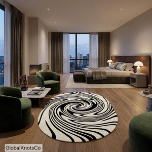 Alfombra de lana tejida a mano, alfombra ovalada con remolinos en blanco y negro, alfombra psicodélica ondulada, alfombra moderna de mediados de siglo, alfombra estética personalizada para sala de estar.
