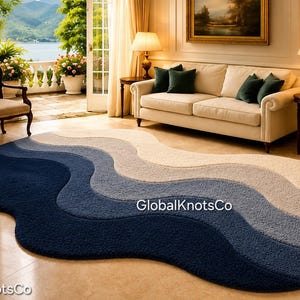 Hand Tufted Wool Wave Rug, Modern Abstract Blue Area Carpet, Organic Wavy Shape