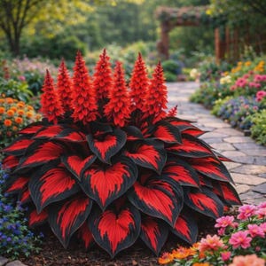 Puede incluir: Una vibrante planta de jardín con llamativas espigas florales rojas y hojas grandes en forma de corazón. Las hojas son de un negro intenso con vetas rojas, creando un contraste audaz. La planta está rodeada de una variedad de flores coloridas y un camino de piedra.